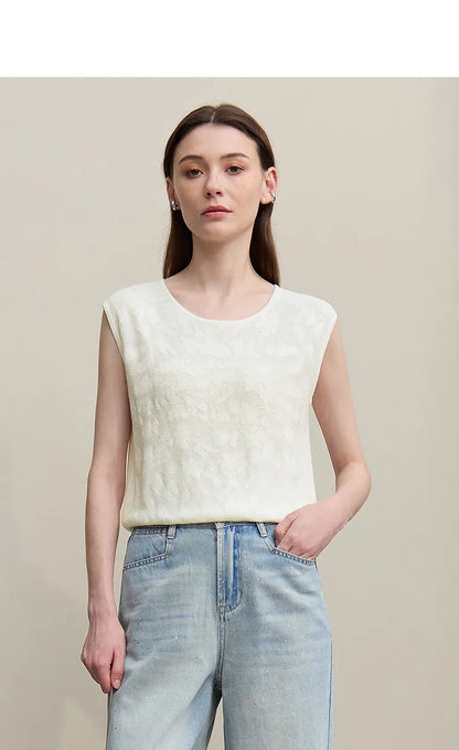Damen-Rundhalspullover ärmellos Jacquard locker kurz Viskose Sommer