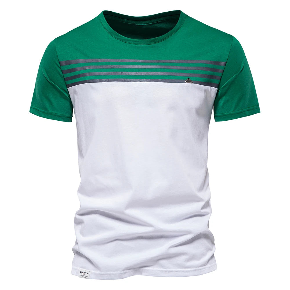 Herren T-Shirts aus Baumwolle mit gestreiftem O-Ausschnitt im Slim Fit