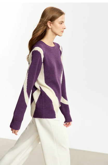 Damen-Rundhalspullover Wolle Yak asymmetrisch Patchwork locker Winter
