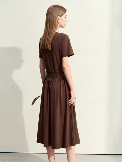 Bequemes Damenkleid Mit V-Ausschnitt Und Elastischer Taille Für Bürodamen