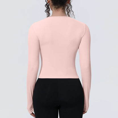 Rosa Langarm-Yoga-Shirt (Rückansicht), glatter Rücken, Rundhalsausschnitt, figurbetont