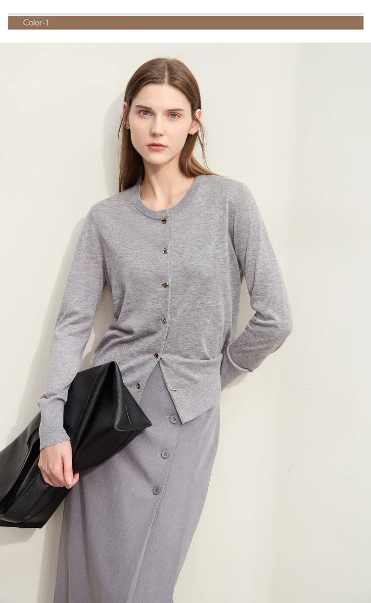 Damen-Strickjacke Rundhals Wolle Metallknopf dünn Büro Herbst