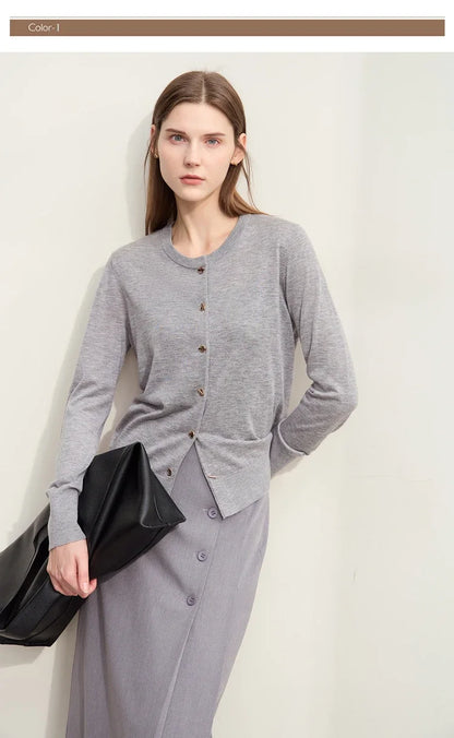 Damen-Strickjacke Rundhals Wolle Metallknopf dünn Büro Herbst