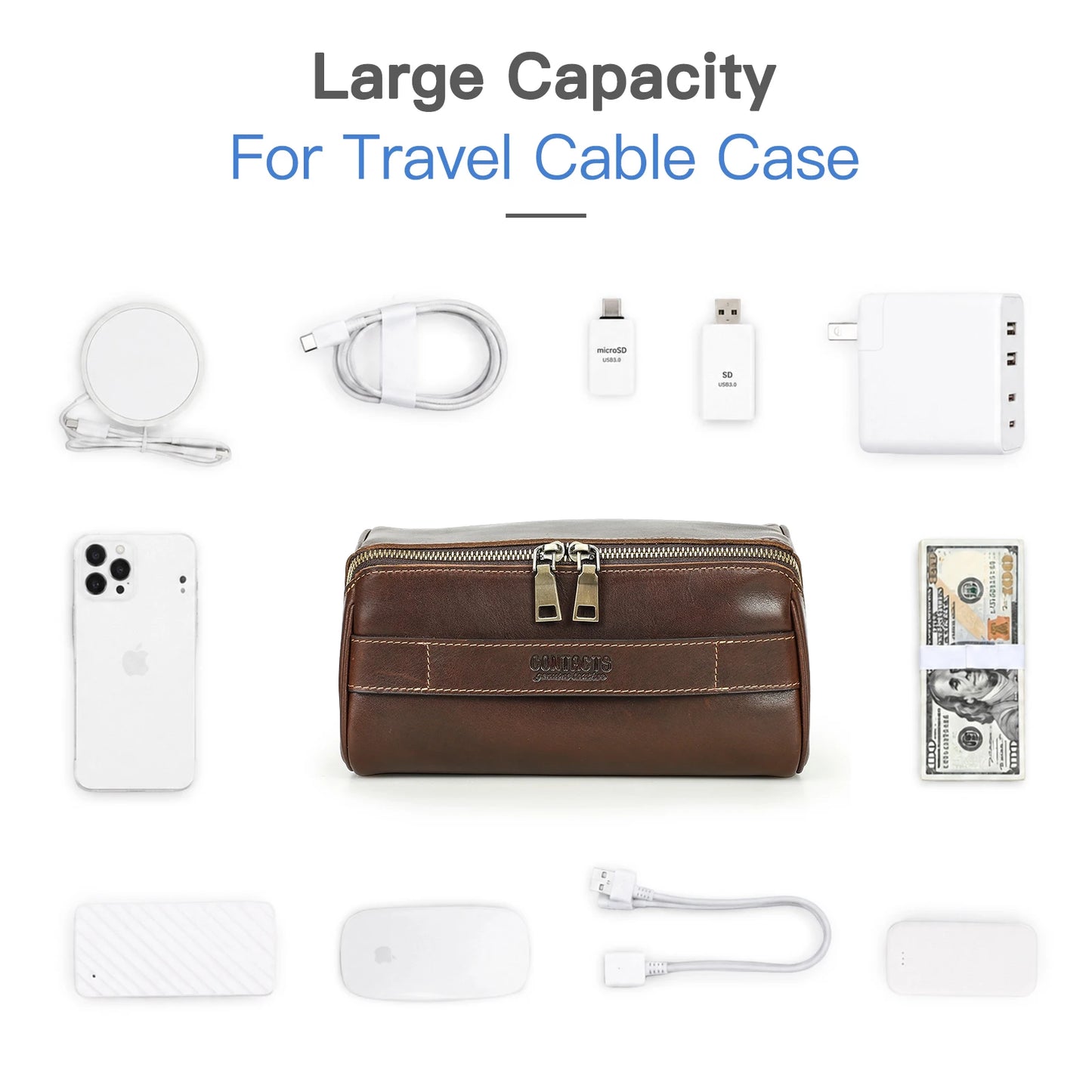 Braune Reisetasche mit Reißverschluss im Set: Kabel, Adapter und Lade-Zubehör