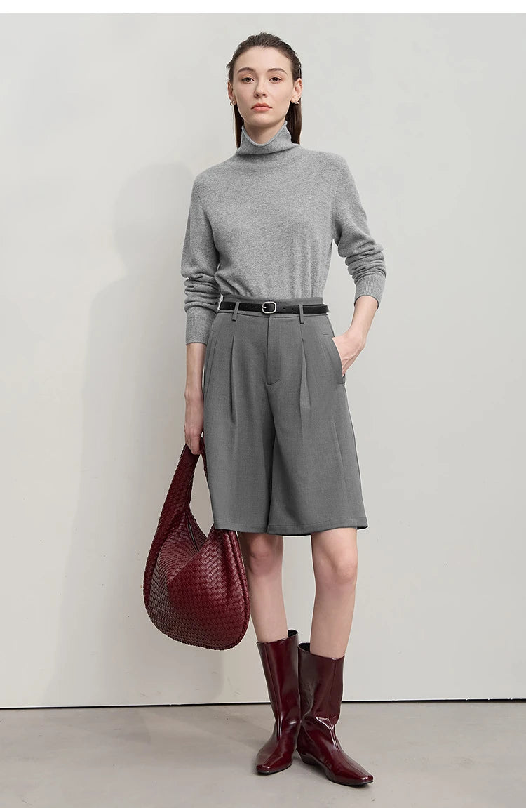 Damen-Rollkragenpullover Wolle-Kaschmir locker einfarbig Herbst