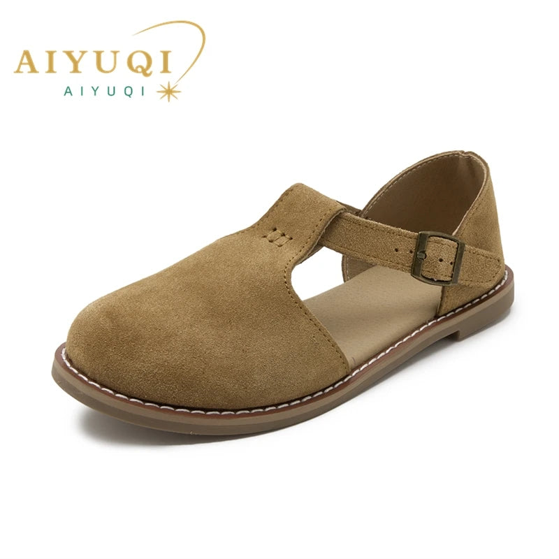 Flache Ledersandale mit offenem Zehenbereich, Riemen mit Schnalle, beige