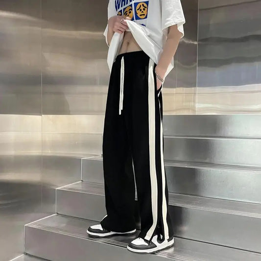 American High Street Sleeves Herren Ins Trendy Straight Loose und Vielseitige Sommerstreifen Drapierte Schlitz-Bodenhose mit weitem Bein