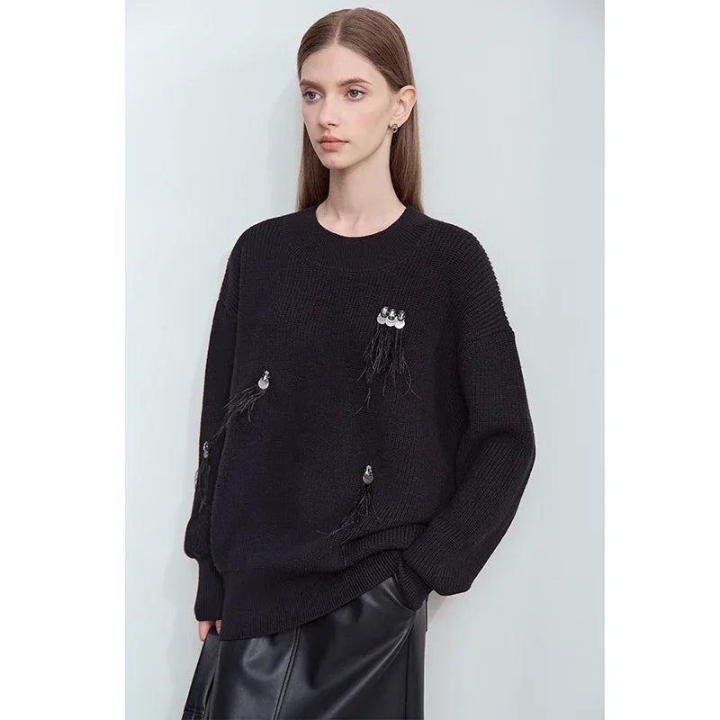 Damen-Rundhalspullover Perlen Strassapplikation locker Winter