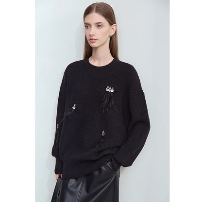 Damen-Rundhalspullover Perlen Strassapplikation locker Winter