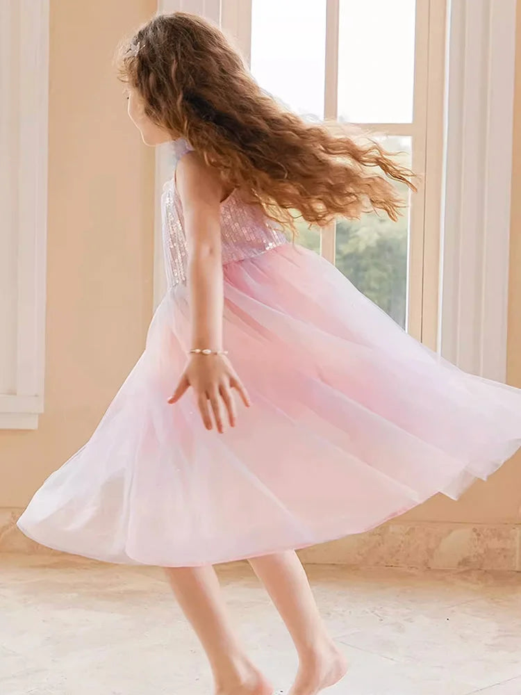 Sommerkleid für Mädchen in Farbverlauf Pink, festlich für Geburtstag oder Hochzeit, Größen 110-170 cm, Alter 3-14 Jahre