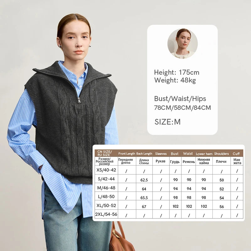 Ärmellose Strickweste dunkelgrau am Modell mit Stehkragen und Frontreißverschluss