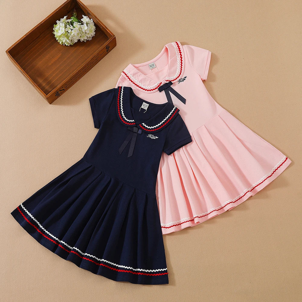 Mädchen Kleid Schuluniform Umlegekragen Kleider 5-12 Jahre Kinder Preppy Kleidung Kinder Sommer Kurze Ärmel Kleidung