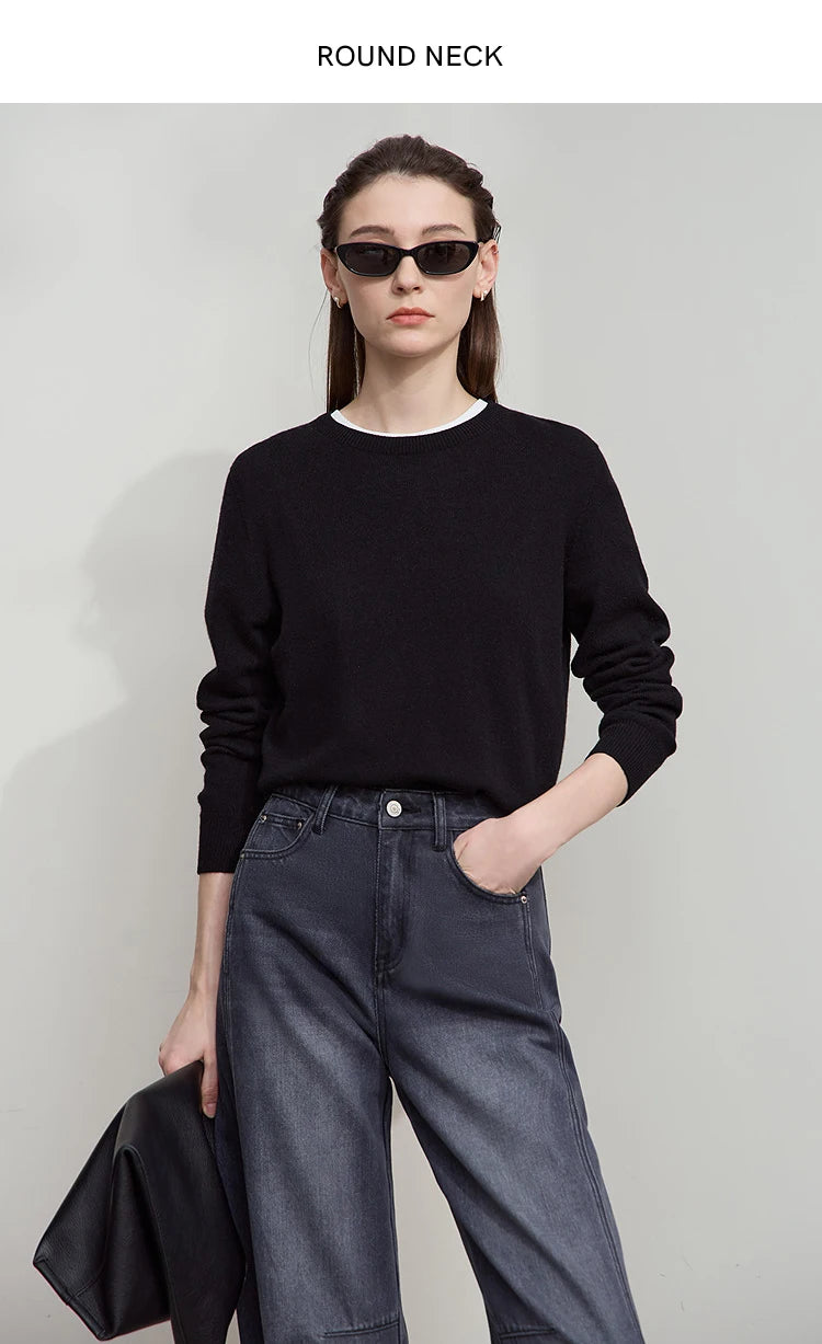 Damenpullover mit Rundhalsausschnitt, langärmelig, schwarzer Strick