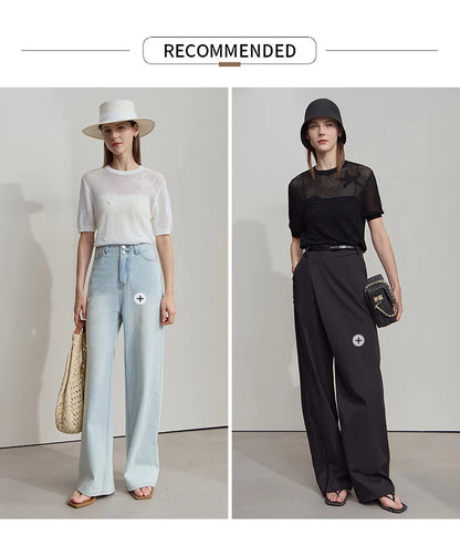 Damen Top im minimalistischen Ozean-Stil mit Perlenbesatz und durchbohrten Löchern