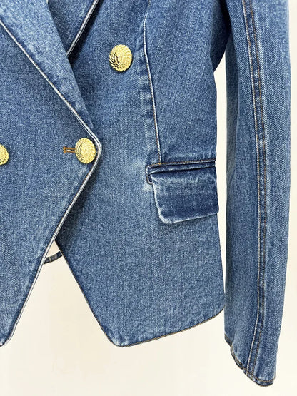 Damen-Blazer Set Jeansjacke Minirock doppelreihig Löwenknopf