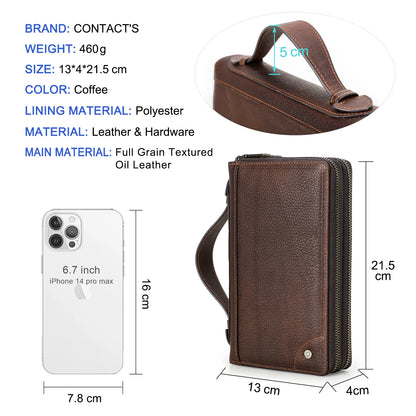 Braune Leder-Clutch mit Griff, passend für Smartphone und Kartenfächer