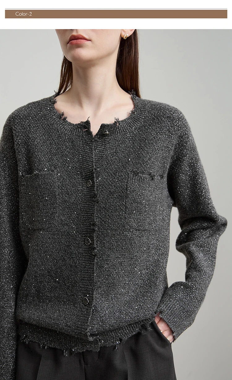 Damen-Strickjacke Rundhals englischer Stil einfarbig elegant Herbst