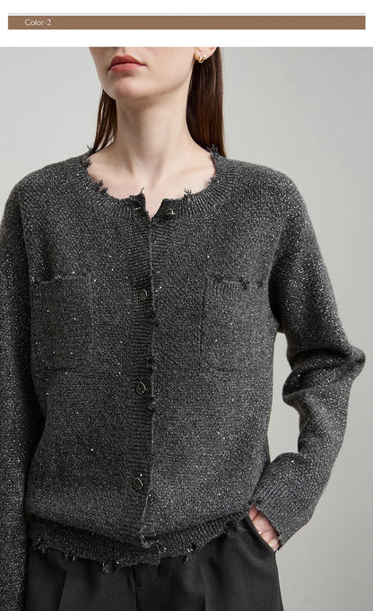 Damen-Strickjacke Rundhals englischer Stil einfarbig elegant Herbst