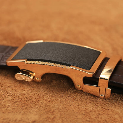 Herren Echtleder-Gürtel Krokodilmuster 3,5 cm Gold Automatik-Schnalle Rindsleder