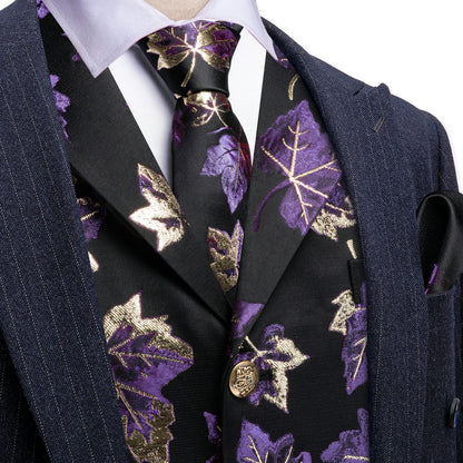 Herrenweste-Set mit violettem Blattmuster auf dunkler Weste, schwarze Krawatte mit Motiv