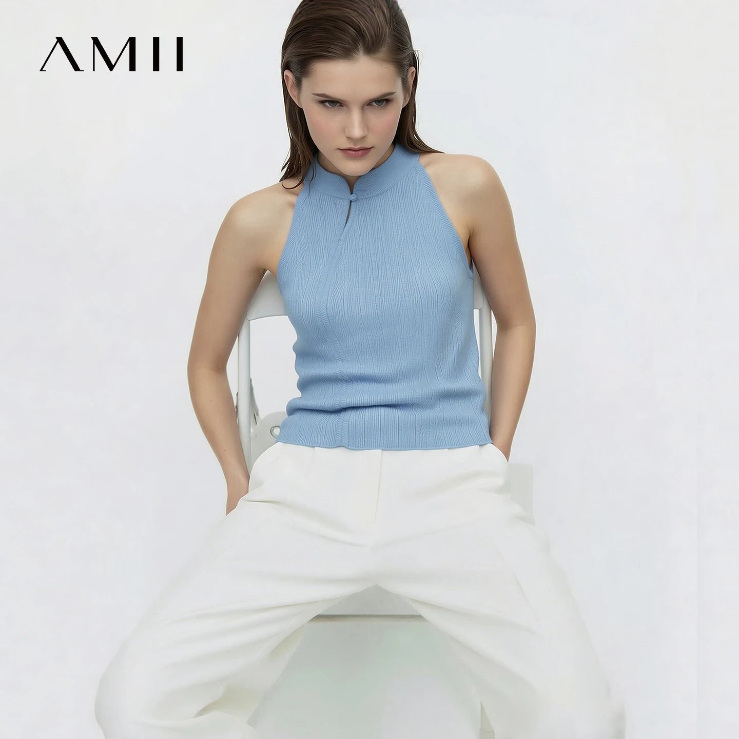 Amii Damen-Stricktop, ärmellos, Stehkragen, hellblau, mit Knopfverschluss