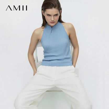 Amii Damen-Stricktop, ärmellos, Stehkragen, hellblau, mit Knopfverschluss