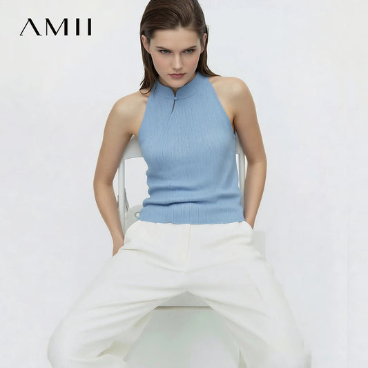Amii Damen-Stricktop, ärmellos, Stehkragen, hellblau, mit Knopfverschluss