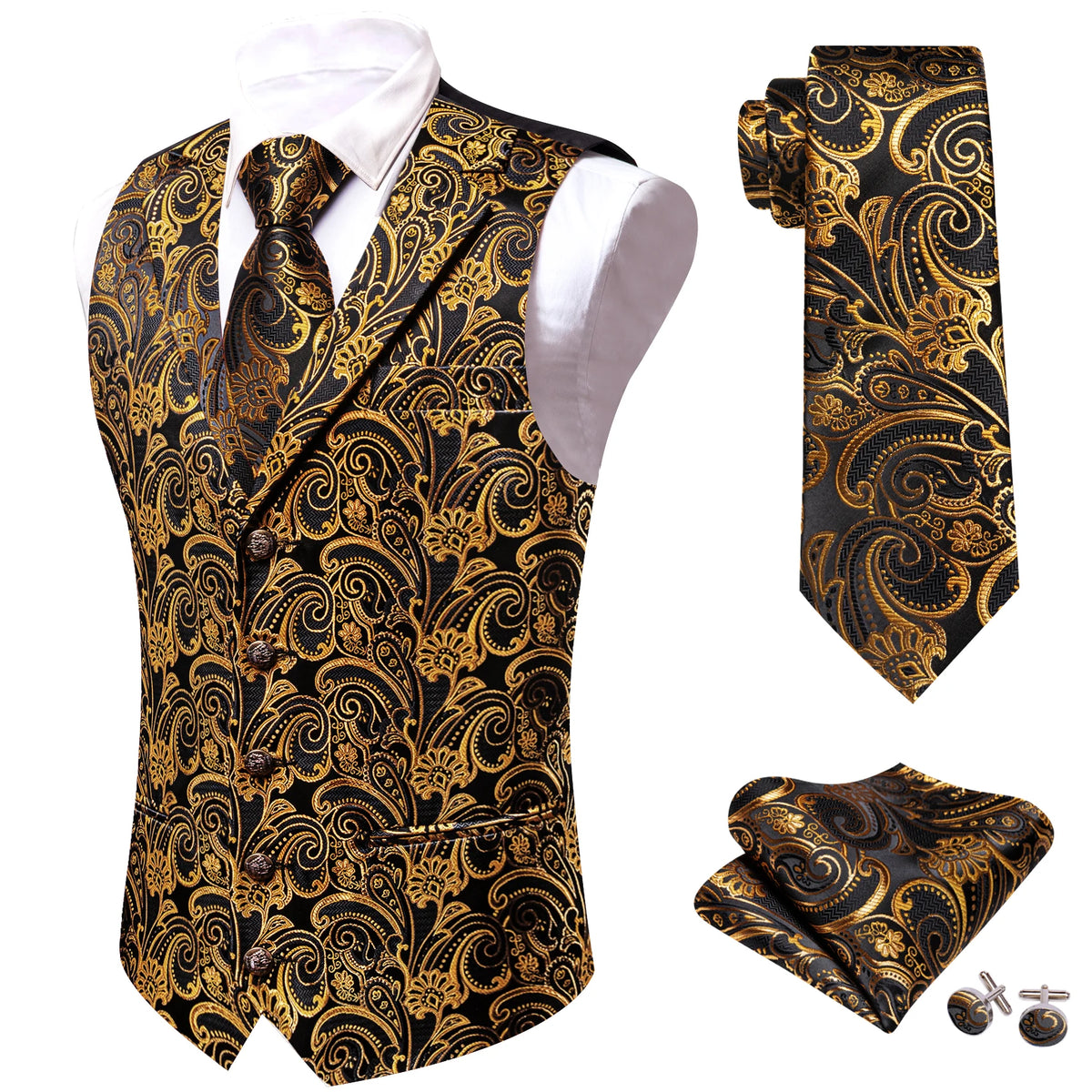 Jacquard-Herrenweste mit Paisley, gold/schwarz, V-Ausschnitt, Knöpfe, Einstecktuch