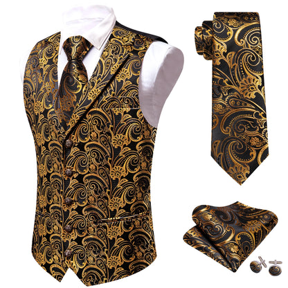 Jacquard-Herrenweste mit Paisley, gold/schwarz, V-Ausschnitt, Knöpfe, Einstecktuch