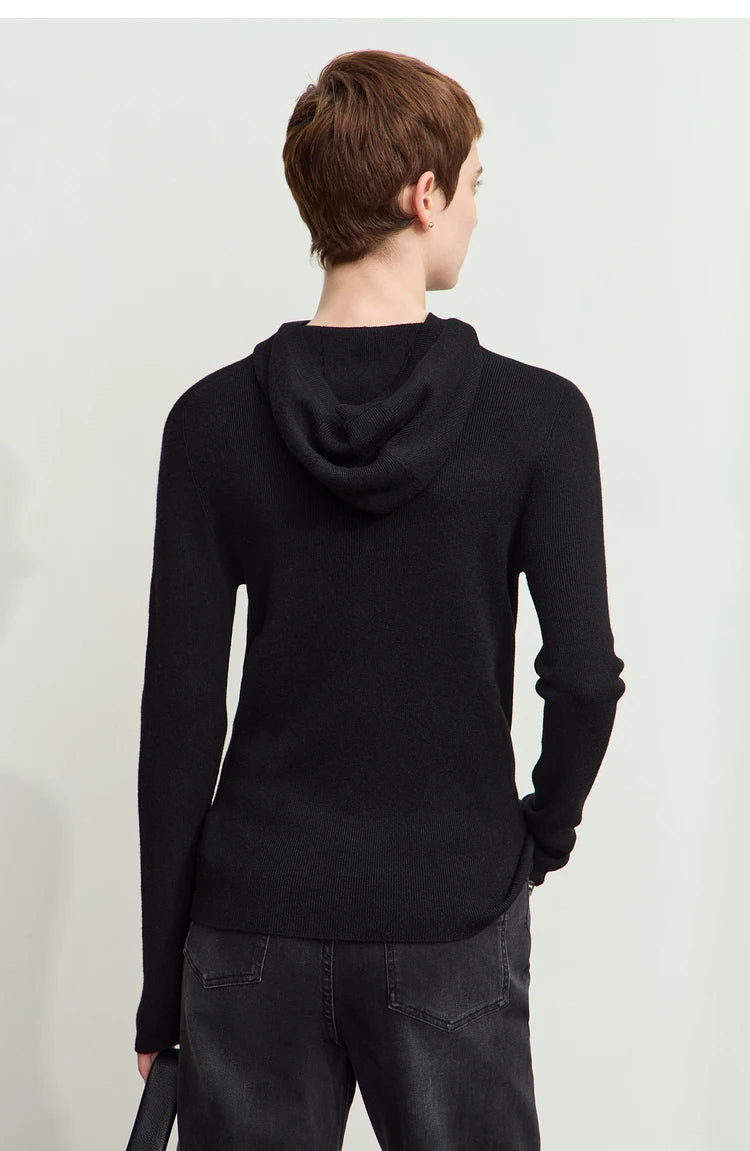 Damen-Kapuzenpullover Wolle-Polyester nahtlos gerade einfarbig Herbst