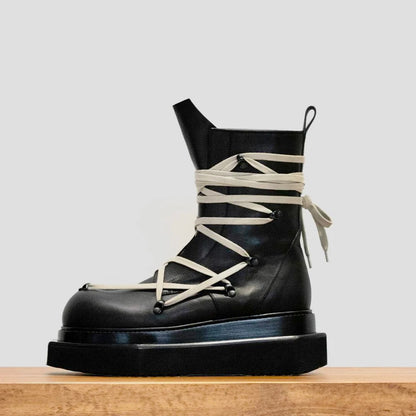 Herren-High-Top-Boots mit Schnürung, dicker Sohle und rundem Zeh, schwarz mit beigen Bändern