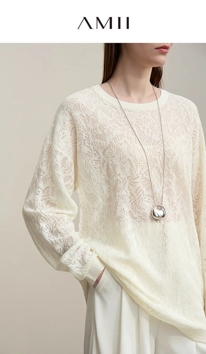 Damen-Rundhalspullover Jacquard Raglan locker lang Lyocell Frühling