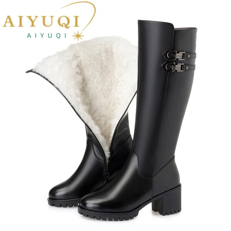 AIYUQI Women Genuine Leather Winter Wool 2025 New High Heel High Boots Big Size 41 42 43 Warm Snow Boots Women