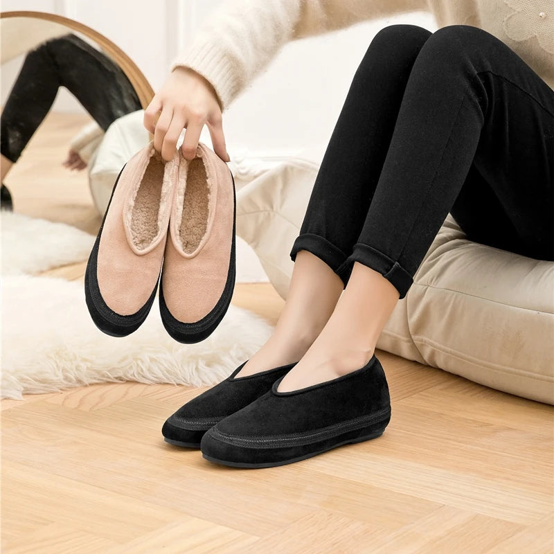 Flache Schneestiefel in Beige/Schwarz, ankle cut, mit warmem Futter