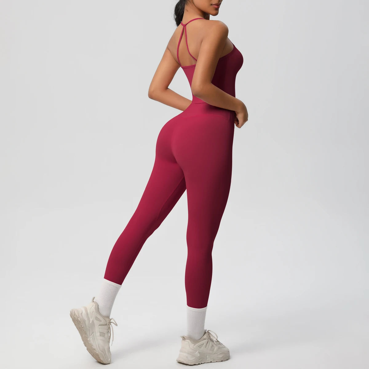 Damen Yoga-Set aus Trägershirt und Leggings, bordeauxrot, schmale Träger