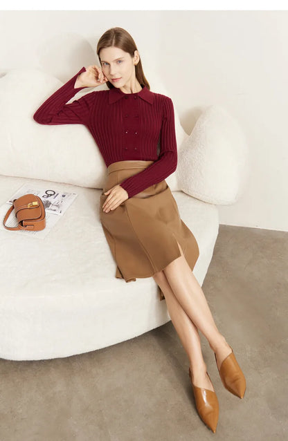 Damen-Strickjacke Polokragen Slim doppelreihig Wolle-Mix Frühling-Herbst