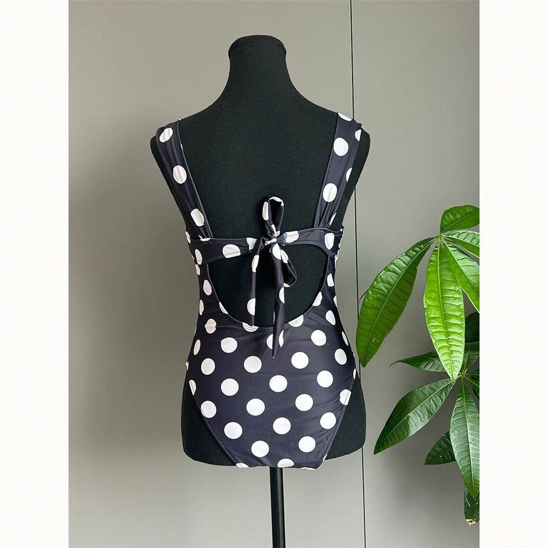 Damen-Badeanzug Polka Dots Bügel rückenfrei Monokini High-Leg