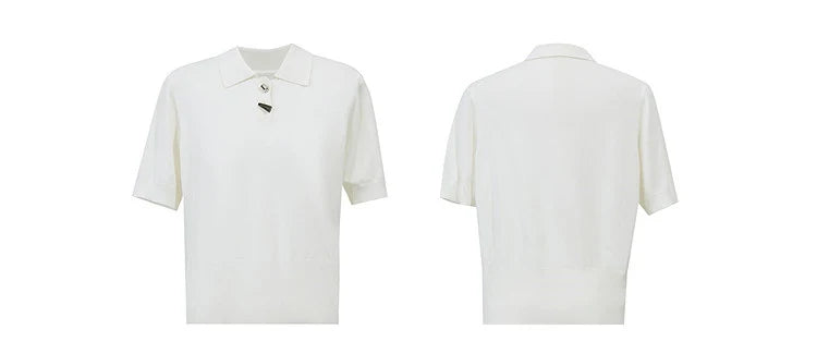 Damen-Strickpolo in Weiß, Front- und Rückansicht, Polokragen mit Knopfleiste