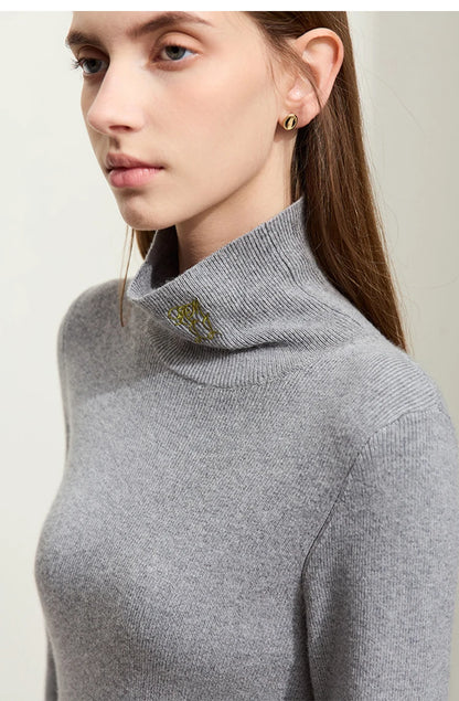 Damen-Rollkragenpullover Kaschmir-Wolle Slim Stickerei Winter