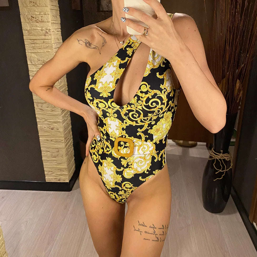 Damen Badeanzug One-Shoulder bedruckt Monokini gepolstert Einteiler