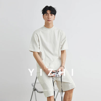 Männer Sport Anzug mit einfarbigem Rundhals T-Shirt und Kordelzug Shorts