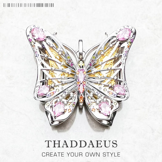 Schmuckanhänger Schmetterling aus Sterlingsilber mit rosa Steinen und goldfarbenen Akzenten