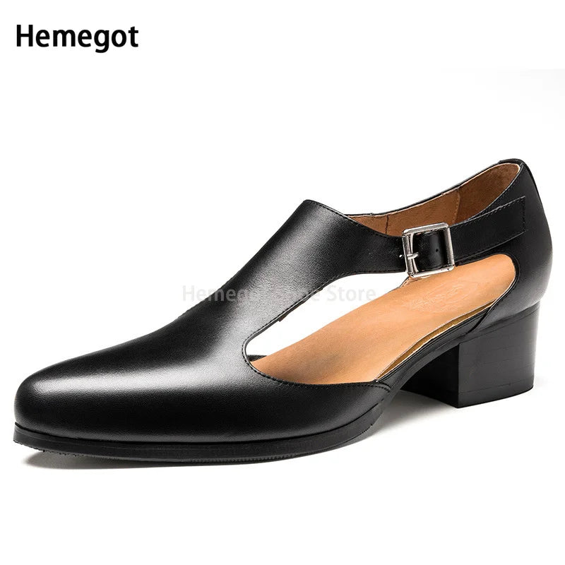 Schwarze Ledersandale für Herren, spitze Front, Riemen mit Schnalle, Blockabsatz