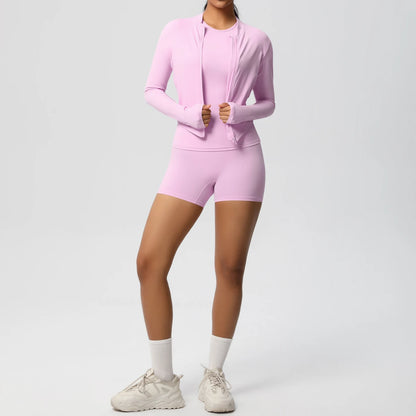 Damen Yoga-Set rosa: Longsleeve mit Reißverschluss und kurze Sportshorts
