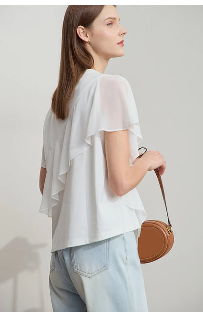 Damen Sommer-T-Shirt mit kurzen Schmetterlingsärmeln und Rundhalsausschnitt