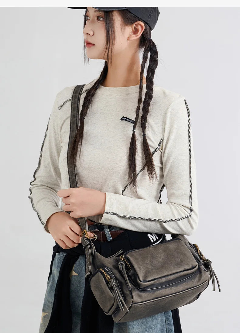Damen-Hobo-Tasche aus Leder im Vintage-Look mit Mehrfach-Fächern und Tassel-Reißverschluss Alltagsbegleiter