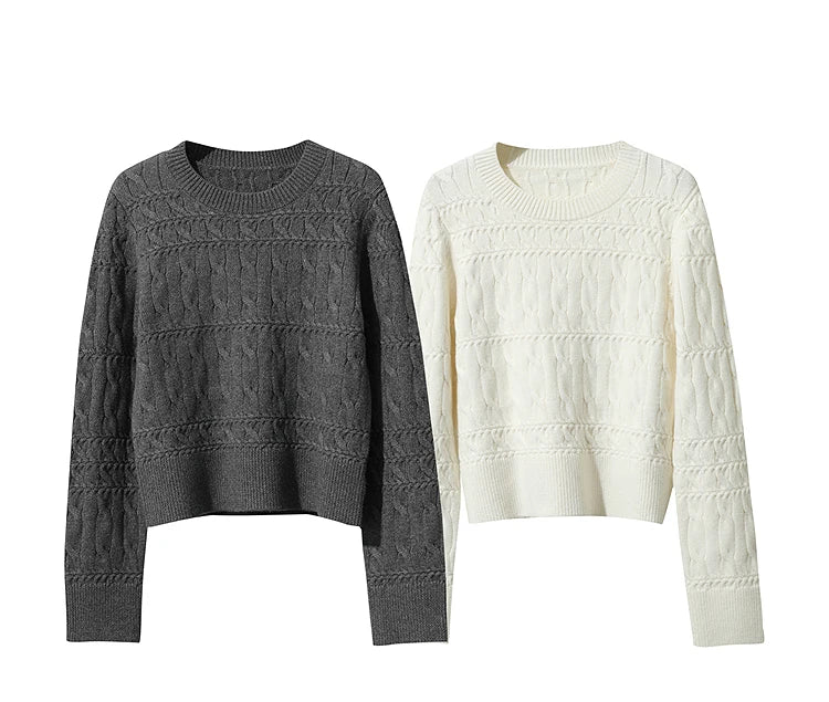 Damen-Rundhalspullover kurz einfarbig Retro locker Winter