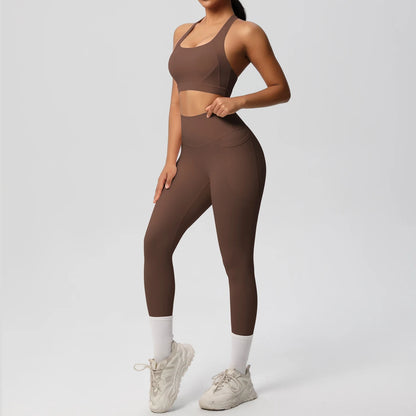 Yoga-Top und Leggings mit Bauchkontrolle, braun, hohe Taille