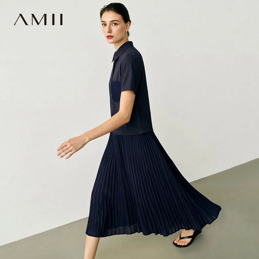 Damen-Midikleid mit Reverskragen, Kurzarm und plissiertem Rock, dunkelblau
