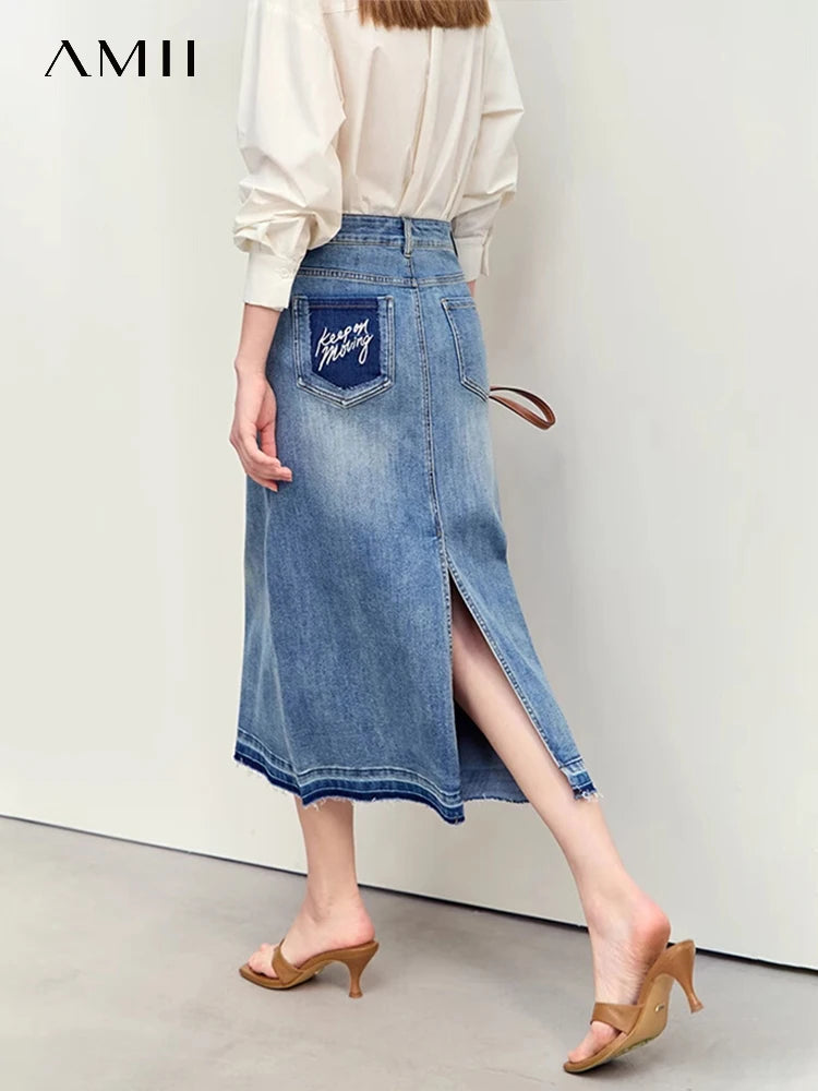 Jeansrock mit hoher Taille, A-Linie, mittellang, vorderer Schlitz, dunkelblauer Denim